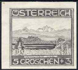 Austria 1930s original pencil sketch for landscape issue showing Worter See 5g, size 98 x 89 mm, stamps on 
