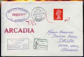 Great Britain used in Funchal (Portugal) 1969 Paquebot cover to England carried on SS Arcadia and bearing Great Britain stamp which has not been accepted, thus a Postage Due h/stamp in green and marked 1s6d to pay, various paquebot and ships cachets, stamps on paquebot