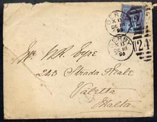 Great Britain 1899 cover to Malta bearing Jubilee 2.5d cancelled Derby duplex, reverse with Malta receiving cds of Dec 23, back & front with 1 in oval (walk number), cove..., stamps on 