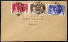Nigeria 1937 KG6 Coronation set of 3 on cover with first day cancel addressed to the forger, J D Harris.  Harris was imprisoned for 9 months after Robson Lowe exposed him..., stamps on , stamps on  kg6 , stamps on forgery, stamps on forger, stamps on forgeries, stamps on coronation