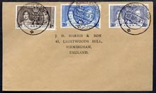 Aden 1937 KG6 Coronation set of 3 on cover with first day cancel addressed to the forger, J D Harris.  Harris was imprisoned for 9 months after Robson Lowe exposed him fo..., stamps on , stamps on  kg6 , stamps on forgery, stamps on forger, stamps on forgeries, stamps on coronation