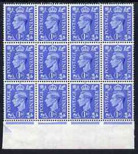 Great Britain 1950-52 KG6 1d light ultramarine marginal block of 8 showing damaged jubilee line below stamps R20/8 and R20/10 (ex cyl 191 dot) stamps unmounted mint (moun..., stamps on , stamps on  kg6 , stamps on 
