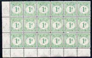 Gilbert & Ellice Islands 1940 KG6 Postage Due 1d emerald unmounted mint corner block of 18, SG D1 cat \A3234, stamps on , stamps on  kg6 , stamps on 