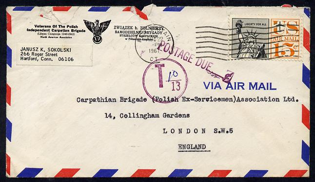 United States 1967 underpaid cover to UK bearing 15c Airmail with straight line Postage Due & T 10/13 in circle both in violet, roughly opened, stamps on 