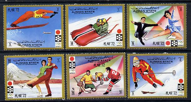 Ajman 1971 Sapporo Winter Olympics perf set of 6 unmounted mint, Mi 1230-35A, stamps on sport, stamps on olympics, stamps on skiing, stamps on bobsled, stamps on ice hockey, stamps on skating, stamps on 