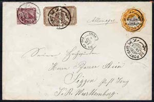 Egypt 1893 5m on 10pa p/stat env with additional adhesives to Wurtemberg, Germany cancelled by Port Said date stamp of 26.VII.93 in black with LIGNE 7 PAQ FR No.6 alongsi..., stamps on 