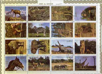 Umm Al Qiwain 1972 Animals #2 sheetlet containing 16 values cto used (Mi 1002-17), stamps on , stamps on  stamps on animals, stamps on cats