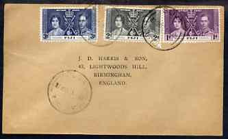 Fiji 1937 KG6 Coronation set of 3 on cover with first day cancel addressed to the forger, J D Harris.  Harris was imprisoned for 9 months after Robson Lowe exposed him fo..., stamps on , stamps on  kg6 , stamps on forgery, stamps on forger, stamps on forgeries, stamps on coronation