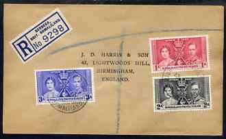 Somaliland 1937 KG6 Coronation set of 3 on reg cover with first day cancel addressed to the forger, J D Harris.  Harris was imprisoned for 9 months after Robson Lowe expo..., stamps on , stamps on  kg6 , stamps on forgery, stamps on forger, stamps on forgeries, stamps on coronation