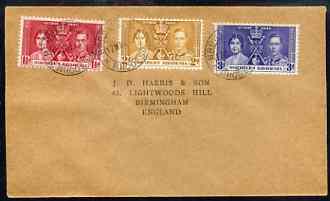 Northern Rhodesia 1937 KG6 Coronation set of 3 on cover with first day cancel addressed to the forger, J D Harris.  Harris was imprisoned for 9 months after Robson Lowe e..., stamps on , stamps on  kg6 , stamps on forgery, stamps on forger, stamps on forgeries, stamps on coronation