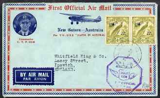 New Guinea 1934 illustrated Faith in Australia Ulm air mail cover to UK bearing 2 x Bird of Paradise 4d air mails with Official octagonal h/stamp, stamps on 