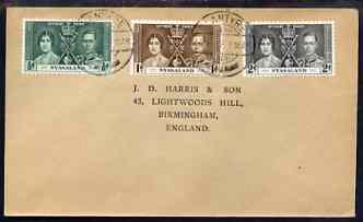 Nyasaland 1937 KG6 Coronation set of 3 on cover with first day cancel addressed to the forger, J D Harris.  Harris was imprisoned for 9 months after Robson Lowe exposed him for applying forged first day cancels to Coronation covers (details supplied).  Covers purporting to originate from Blantyre, Nyasaland are among those identified as forged and are cited in the text., stamps on , stamps on  kg6 , stamps on forgery, stamps on forger, stamps on forgeries, stamps on coronation