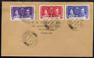 St Lucia 1937 KG6 Coronation set of 3 on cover with first day cancel addressed to the forger, J D Harris.  Harris was imprisoned for 9 months after Robson Lowe exposed hi..., stamps on , stamps on  kg6 , stamps on forgery, stamps on forger, stamps on forgeries, stamps on coronation