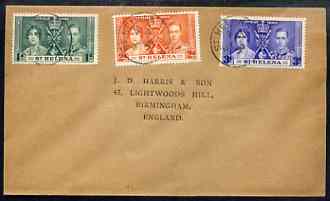 St Helena 1937 KG6 Coronation set of 3 on cover with first day cancel addressed to the forger, J D Harris.  Harris was imprisoned for 9 months after Robson Lowe exposed him for applying forged first day cancels to Coronation covers (details supplied).  Covers purporting to originate from St Helena are among those identified as forged and are cited in the text., stamps on , stamps on  kg6 , stamps on forgery, stamps on forger, stamps on forgeries, stamps on coronation