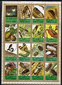 Umm Al Qiwain 1972 Insects sheetlet containing 16 values cto used (Mi 1338-53A), stamps on insects, stamps on dragonflies