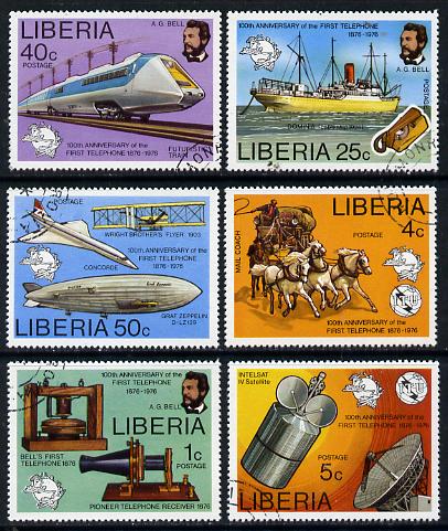 Liberia 1976 Telephone Centenary perf set of 6 cto used (SG 1277-82), stamps on , stamps on  stamps on communications, stamps on  stamps on science, stamps on  stamps on concorde, stamps on  stamps on telephones, stamps on  stamps on transport, stamps on  stamps on upu, stamps on  stamps on airships, stamps on  stamps on zeppelins, stamps on  stamps on railways, stamps on  stamps on ships, stamps on  stamps on horses, stamps on  stamps on coaches, stamps on  stamps on cable, stamps on  stamps on  upu , stamps on  stamps on , stamps on  stamps on scots, stamps on  stamps on scotland