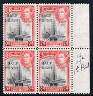 Bermuda 1940 Surcharged 1/2d on 1d block of 4, 2 stamps with 14mm spacing, 2 with 12.5mm spacing mounted mint SG122, stamps on xxx