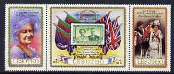 Lesotho 1980 Queen Mother's 80th Birthday se-tenant strip of 3 unmounted mint, SG 423a, stamps on stamp on stamp, stamps on royalty, stamps on queen mother, stamps on 80th, stamps on stamponstamp