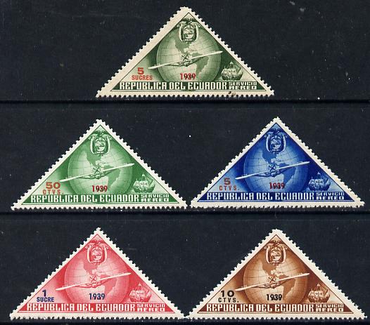 Ecuador 1939 the unissued triangular Columbus set of 5 values opt'd '1939', unmounted but slight signs of ageing on gum, stamps on aviation, stamps on columbus, stamps on explorers, stamps on personalities, stamps on triangulars