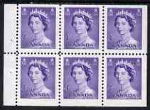 Canada 1953 QEII 4c Booklet pane of 6 unmounted mint SG453a, stamps on 