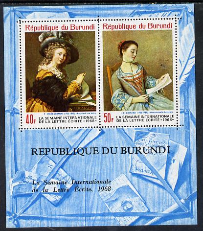 Burundi 1968 Letter Writing Week (Paintings) perf m/sheet containing 2 values unmounted mint, Mi BL 28A, stamps on , stamps on  stamps on arts, stamps on  stamps on literature