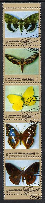 Manama 1972 Butterflies se-tenant strip of 5 (gold border) cto used, stamps on butterflies
