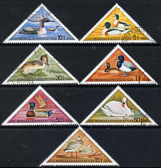 Mongolia 1973 Aquatic Birds triangular set of 7 cto used, SG 765-71, stamps on birds     triangulars      shelduck    diver    goose     grebe    mallard    swan    scaup