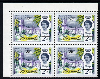 Bermuda 1970 QE2 New Currency 2c Tall 2 variety in positional corner block of 4 unmounted mint, SG 233ea, stamps on 