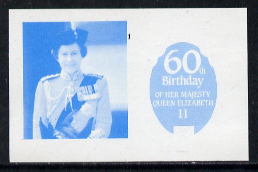 Tuvalu - Funafuti 1986 Queen's 60th Birthday 10c imperf proof in blue only printed on gummed paper (ex Format archives), stamps on royalty        60th birthday