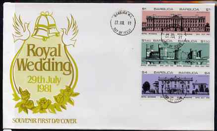 Barbuda 1981 Royal Wedding (Royal Buildings) set of 6 (3 se-tenant pairs each imperf between) on illustrated cover with first day cancel, stamps on , stamps on  stamps on buildings   royalty, stamps on  stamps on diana, stamps on  stamps on charles, stamps on  stamps on 