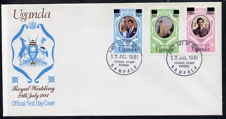 Uganda 1981 Royal Wedding set of 3 (type A surcharges) on illustrated cover with first day cancel, SG 341-43, stamps on royalty, stamps on diana, stamps on charles, stamps on 
