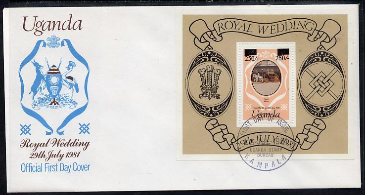 Uganda 1981 Royal Wedding m/sheet (type A surcharge) on illustrated cover with first day cancel, SG MS 344, stamps on royalty, stamps on diana, stamps on charles, stamps on 