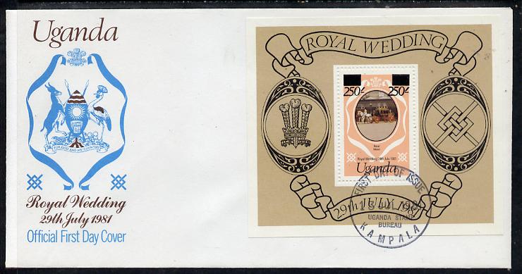 Uganda 1981 Royal Wedding m/sheet (type B surcharge) on illustrated cover with first day cancel, SG MS 344e, stamps on royalty, stamps on diana, stamps on charles, stamps on 