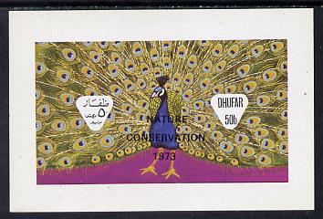 Dhufar 1973 Birds #4 (Peacock) imperf  souvenir sheet opt'd 'Nature Conservation 1973' unmounted mint, stamps on birds    peacock