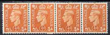 Great Britain 1950-52 KG6 1/2d pale orange horiz strip of 4 with coil join, 3 stamps unmounted mint, SG spec Q3j, stamps on , stamps on  kg6 , stamps on 