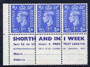 Great Britain 1950-52 KG6 1d light ultramarine booklet pane of 6 (3 stamps plus Shorthand in one week) with inverted watermark mounted mint good perfs SG spec QB20a, stamps on , stamps on  kg6 , stamps on 