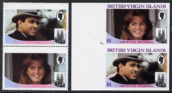 British Virgin Islands 1986 Royal Wedding $1 se-tenant pair with Country name & value omitted, plus imperf pair as normal, all unmounted mint, SG 607avar, stamps on royalty, stamps on andrew, stamps on fergie