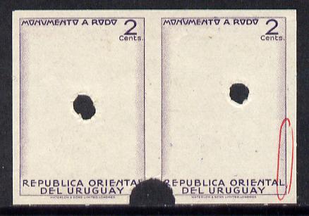 Uruguay 1948 Monument to Rodo (Writer) 2c (Statue of Rodo) imperf proof pair of frame only in issued colour with security punch holes & slight soiling (ex Waterlow archives) As SG 979, stamps on literature    personalities    statues       books