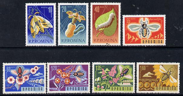 Rumania 1963 Bee-Keeping & Silkworm Breeding set of 8 unmounted mint, SG 3080-87, Mi 2214-21*, stamps on , stamps on  stamps on insects, stamps on  stamps on textiles, stamps on  stamps on honey, stamps on  stamps on bees, stamps on  stamps on silk, stamps on  stamps on 