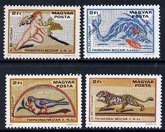 Hungary 1978 Stamp Day (Mosaics of Bird, Tiger, Dolphin & Putto) set of 4, Mi 3310-13*, stamps on animals  birds   marine-life  whales    cats    mythology     grapes     mosaics