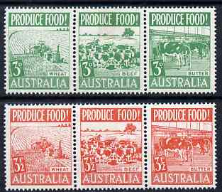 Australia 1953 Food Production set of 6 (2 se-tenant strips of 3) mtd mint SG 255a-58a, stamps on 