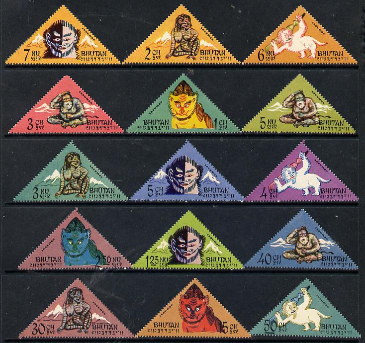 Bhutan 1966 Abominable Snowman triangular set of 15 complete unmounted mint, SG 92-106, stamps on cultures, stamps on folklore, stamps on triangulars