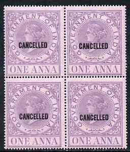 India 1869 QV Revenue 1a opt'd CANCELLED in block of 4 superb unmounted mint, scarce in multiples, stamps on , stamps on  qv , stamps on revenues