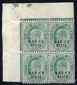 Indian States - Nabha 1903-09 KE7 1/2a green corner block of 4, one stamp with broken T in State variety, wrinkles but unmounted mint SG38, stamps on , stamps on  ke7 , stamps on 