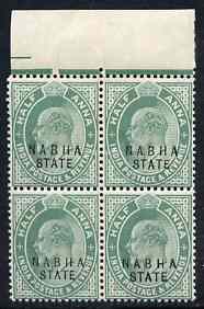 Indian States - Nabha 1903-09 KE7 1/2a green marginal block of 4, one stamp with 'NABIIA' variety, unmounted mint SG38, stamps on , stamps on  ke7 , stamps on 