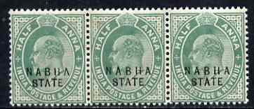 Indian States - Nabha 1903-09 KE7 1/2a green strip of 3, one stamp with broken A in State variety, tiny tone but unmounted mint SG38, stamps on , stamps on  ke7 , stamps on 