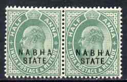 Indian States - Nabha 1903-09 KE7 1/2a green horiz pair, one stamp with broken A in Nabha variety, unmounted mint SG38, stamps on , stamps on  ke7 , stamps on 