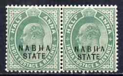 Indian States - Nabha 1903-09 KE7 1/2a green horiz pair, one stamp with broken A in State variety, unmounted mint SG38, stamps on , stamps on  ke7 , stamps on 