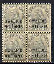 Indian States - Gwalior 1899-1911 QV 3p grey block of 4 overall toning but unmounted mint SG 39, stamps on , stamps on  qv , stamps on 