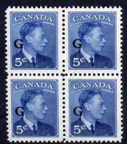 Canada 1950-52 KG6 Official 5c blue opt'd 'G' block of 4 unmounted mint SG O184, stamps on , stamps on  kg6 , stamps on 